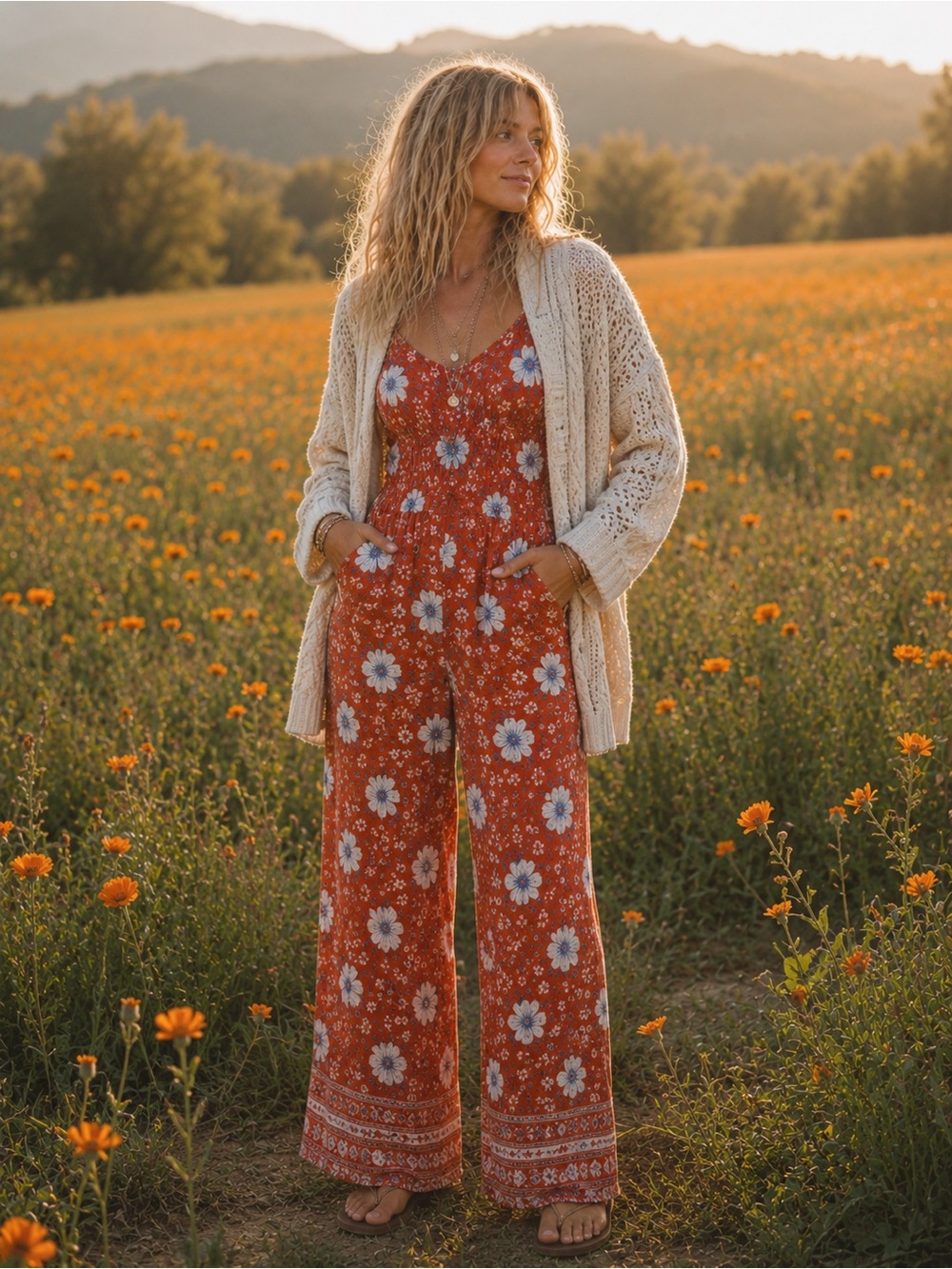 Forever 21 Rust Floral Wide-Leg Jumpsuit